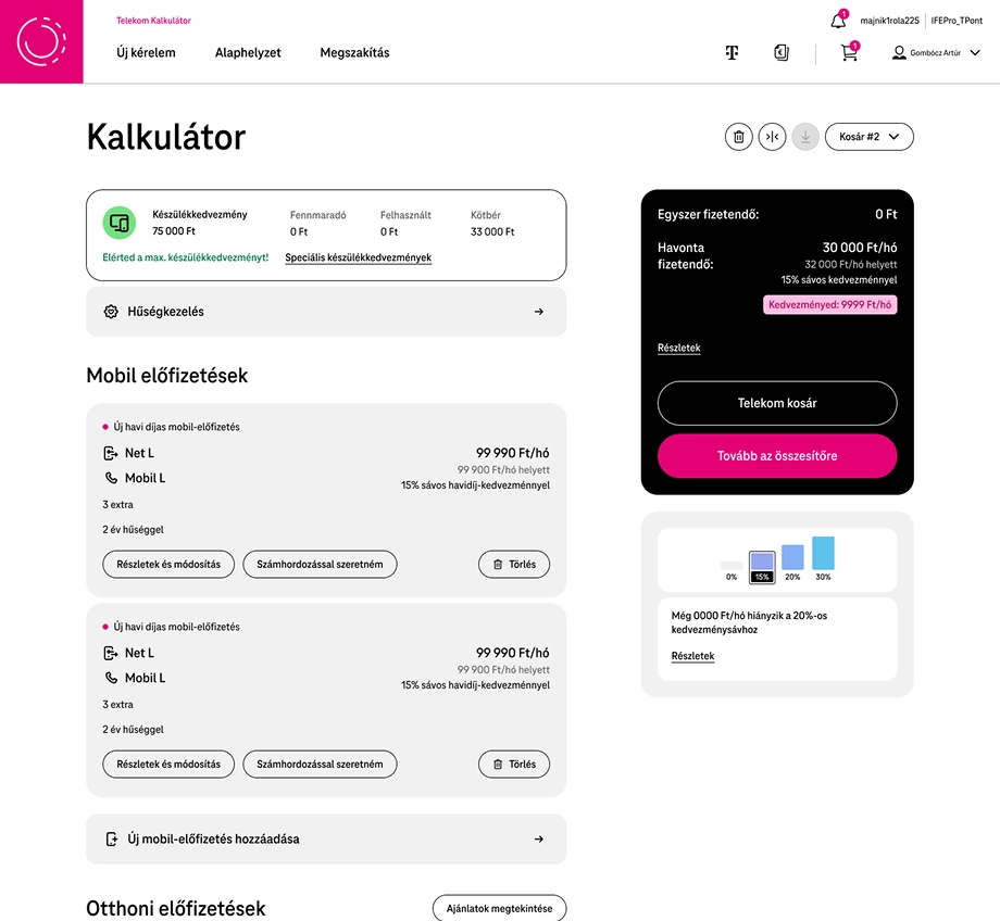 Telekom Kalkulátor overview screen